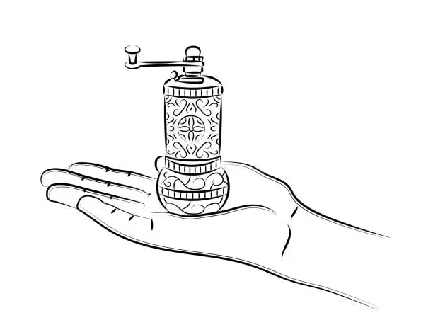 Vector illustration of Turkish coffee grinder in hand. Small vintage manual pepper mill. Classic old-fashioned burr mill for spices, seasonings or coffee beans. Use for menu design, recipes and kitchen goods. Linear sketch