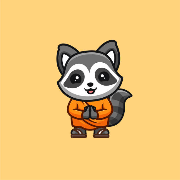 illustrazioni stock, clip art, cartoni animati e icone di tendenza di raccoon monk carino creativo kawaii cartoon mascotte logo - buddha image