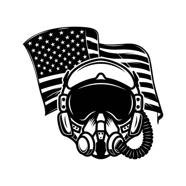 Vector illustration of Pilot helmet on usa flag background. Design element for poster, card, banner, sign. Vector illustration