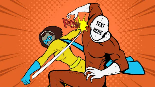 Vector illustration of Vector Pop Art Female African American Superhero Punching a Villain Stock Illustration