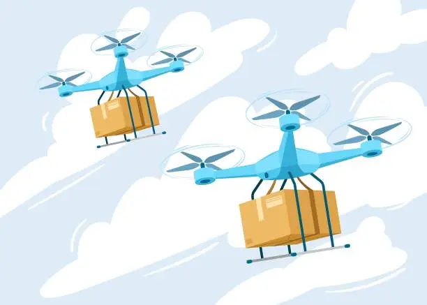 Vector illustration of Drone for air delivery. Delivery flying robot drones, express robot shipment concept. Modern technologies in cargo transportation. Cartoon vector illustration