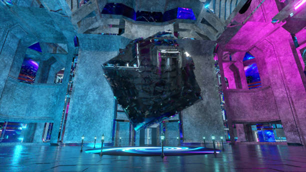 istock The mirror cube in zero gravity. Pink green color. 3d illustration 1414942202
