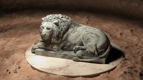 The sculpture of a lion on the platform. Gray marble. Sand. 3d illustration. High quality 3d illustration