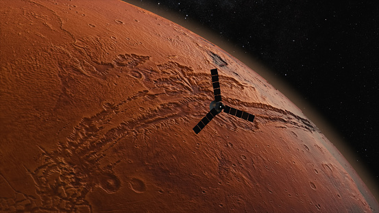 Cosmos concept. A space satellite flies over the red planet. Mars. 3d Illustration. High quality 3d illustration