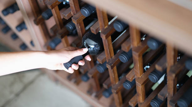 woman chooses bottle of wine in cellar closeup - wine cellar wine bottle grape imagens e fotografias de stock