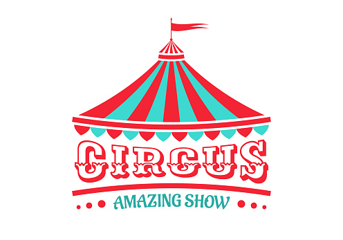 Circus logo or icon with tent. Carnival, fair show sign. Vintage design element. Vector illustration.