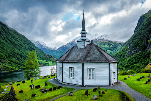 Typical Scandinavian church in Geiranger. Norway