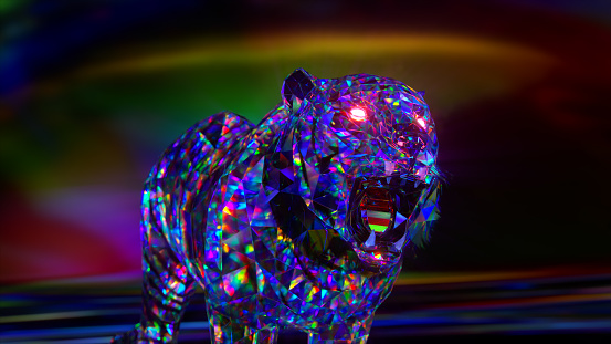 Snarling diamond tiger. Nature and animals concept. Lowpoly. Blue neon color. Symbol of 2022. 3d Illustration. High quality 3d illustration