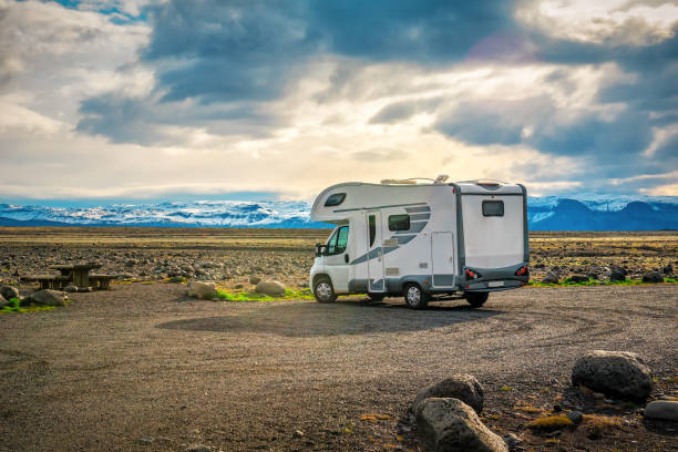 Travelling with Mobile motor home RV campervan stock photo