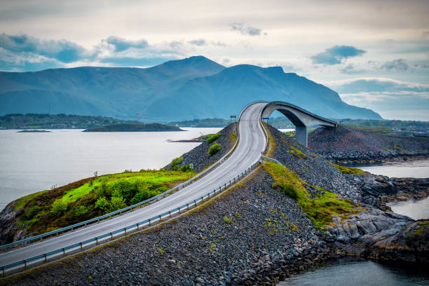 World famous Atlantic road bridge (Atlanterhavsvegen) view on Norwegian mountains. Traveling in Norway