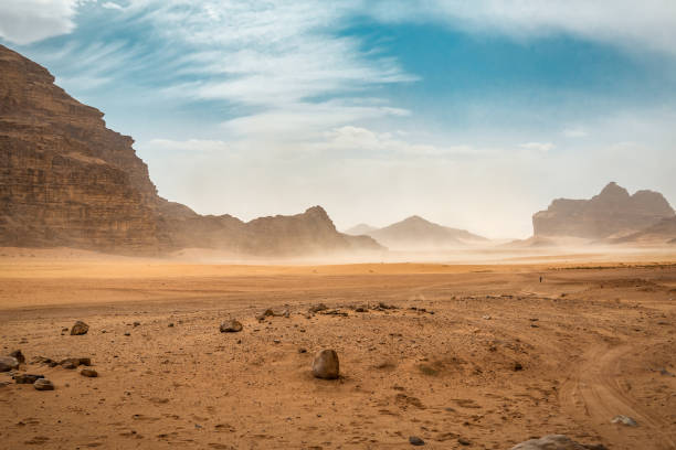 il vento solleva la polvere nel deserto - extreme terrain foto e immagini stock