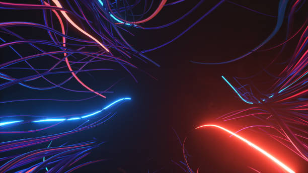 Technology and data transfer concept. Moving neon wires on a black background. Blue red color. 3d illustration stock photo