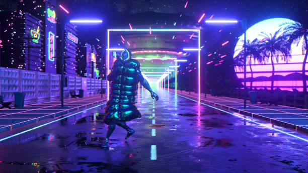 Cyberpunk guy dancing. Sunset background. Night city. Road. Blue neon. Futuristic concept. UFO. 3d illustration stock photo