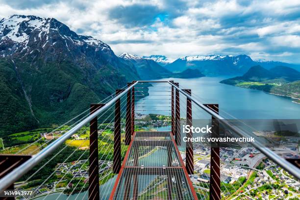 Observation Deck Rampestreken In Andalsnes Norway Beautiful View On The Mountains The City And The Fjords Stock Photo - Download Image Now