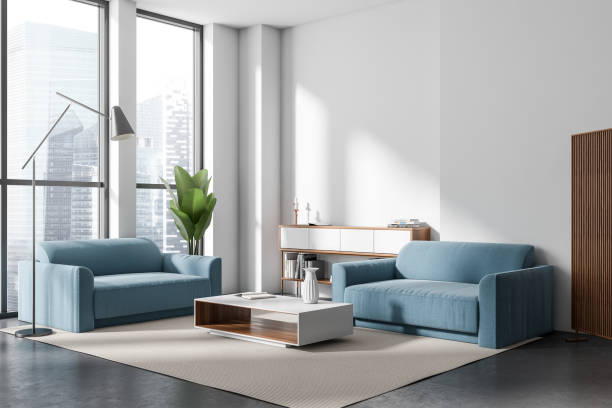 istock Light relax room interior with two couch, panoramic window. Mockup 1414944567
