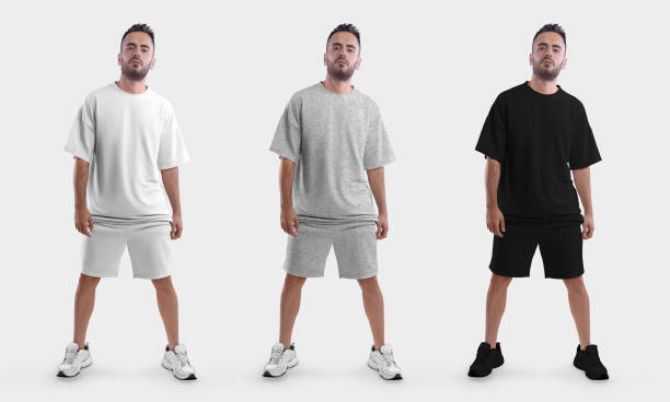 istock Template white, black, heather oversized t-shirt, shorts on a brutal man in sneakers, folded clothes front view, for design. 1414945307