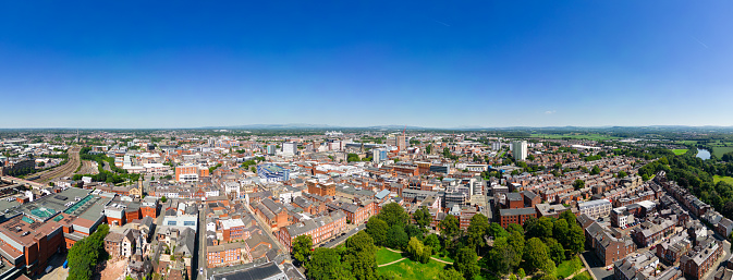 high aspect aerial view over the town cityscape of Preston, Lancashire, England