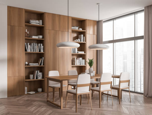 istock Meeting corner interior with chairs and shelf with decoration, panoramic window 1414945859