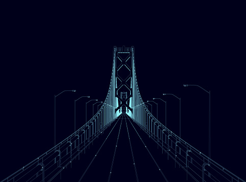 Outline of a bridge with lanterns made of blue lines isolated on a dark background. Front view. Vector illustration.