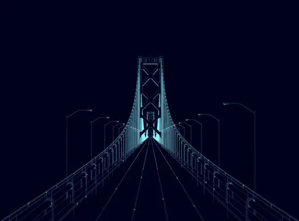 Vector illustration of Outline of a bridge with lanterns made of blue lines isolated on a dark background. Front view. Vector illustration.