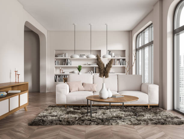 istock Relax interior with couch and shelf with decoration, panoramic window 1414946484