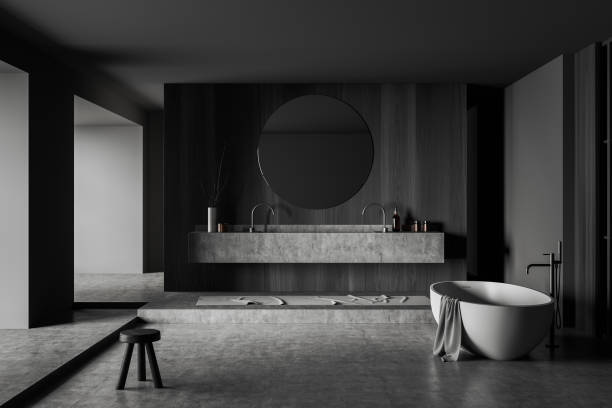 istock Grey bathroom interior with washbasin and tub, accessories and stool 1414946499