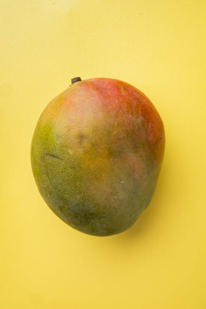 istock Large whole tasty Mango, on yellow textured summer background, top view flat lay 1414947835