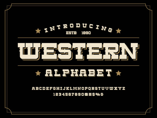 cowboy font Vintage wild west western alphabet design with uppercase, numbers and symbols rodeo stock illustrations