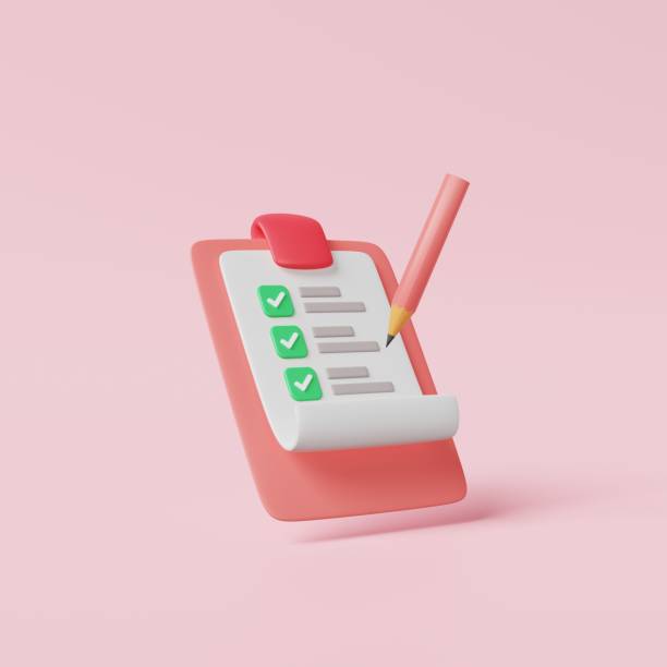istock Pink clipboard with checklist paper sheet green checkbox correct check mark and pencil on pink background. Minimal board completed checkmark choice box task list for business planning. 3d rendering 1414952475