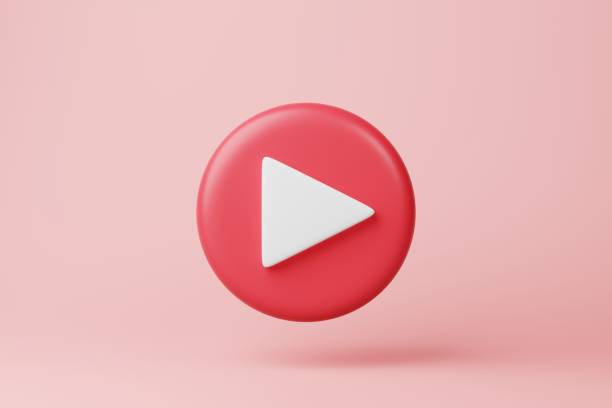 ピンクの背景に最小限の赤いビデオマルチメディア再生ボタンアイコン。オーディオ、ムービー、メディアプレーヤーインターフェイスの開始シンボル、円形の形状に署名します。デジタル� - record television broadcasting circle three dimensional shape ストックフォトと画像