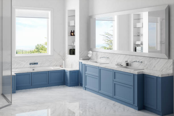 moderno bagno interno con vasca idromassaggio - tiled floor tile floor clean foto e immagini stock