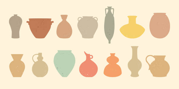 Traditional pottery Clay vases of various shapes, traditional pottery silhouettes with lightly grunge texture, pastel, terracotta and earthy color ceramics, different vessels, jugs, amphoras, pots and vases roman empire vector stock illustrations