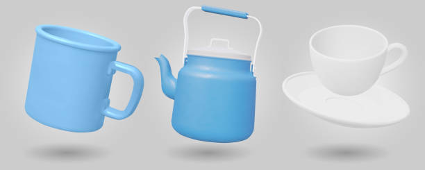 istock Set of kettle , camping mug and cup isolated on blue background. 3D render Vector illustration. 1414955860