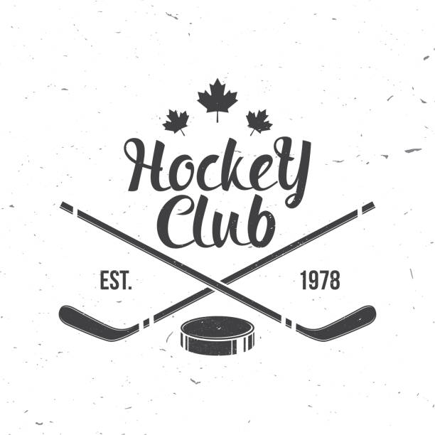 logo des eishockeyclubs, abzeichen-design. konzept für shirt oder logo, print, stempel oder t-shirt. wintersport. vintage-typografie-design mit aufkleber, puck-silhouette. vektor. - hockeyschläger stock-grafiken, -clipart, -cartoons und -symbole