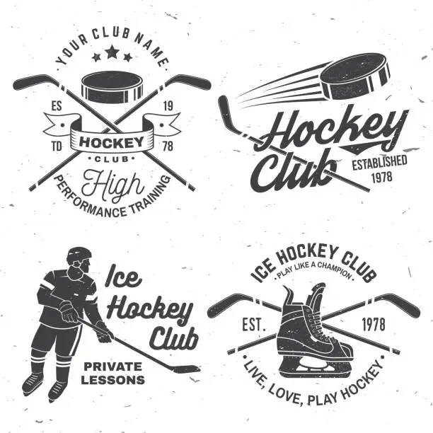 Vector illustration of Ice Hockey club logo, badge design. Concept for shirt or logo, print, stamp or tee. Winter sport. Vintage typography design with player, sticker, puck and skates silhouette. Vector.