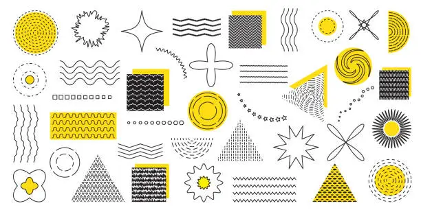 Vector illustration of Abstract shape elements. Geometric graphic lines. Modern geometric circles and squares. Dot patterns and wave figures. Minimal modern forms. Triangles and stars. Vector graphic design set