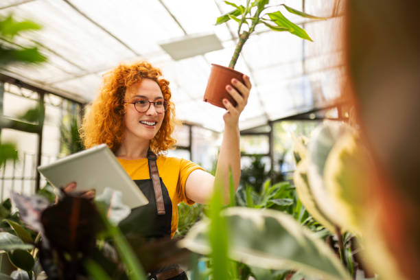 istock Young redhead woman working in a flower shop using digital tablet 1414957343
