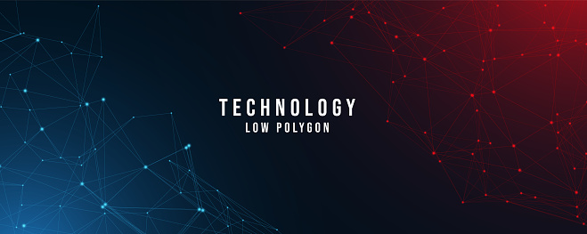 abstract technology low poly or polygonal background from lines, dots and glowing particles with red and blue lights