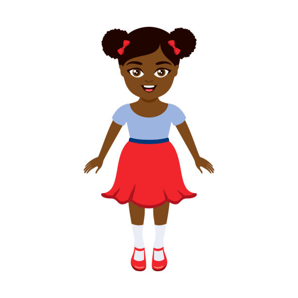 빨간 치마 아이콘 벡터에 귀여운 행복한 어린 아프리카 소녀 - child teenager red hair childhood stock illustrations