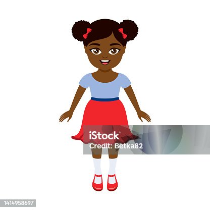 istock Cute happy little african girl in a red skirt icon vector 1414958697
