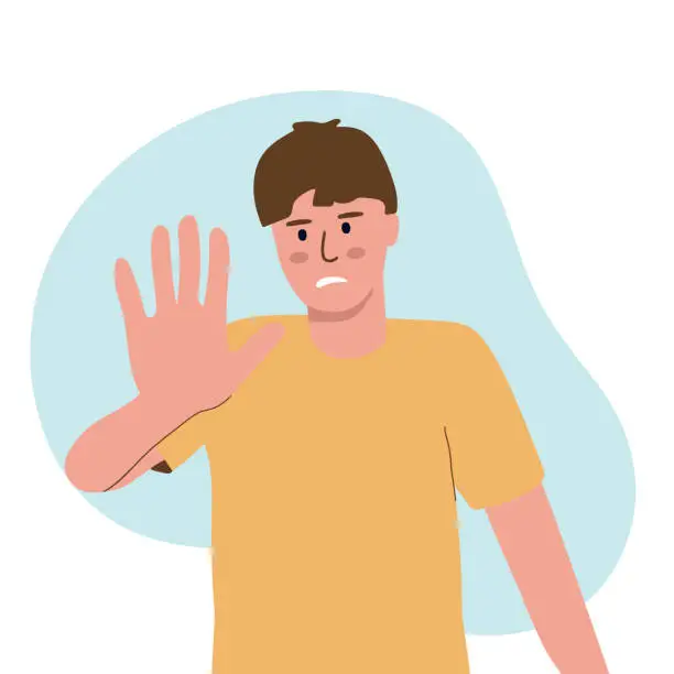 Vector illustration of The frightened man puts his hand forward. Stop gesture. Human emotion. flat vector