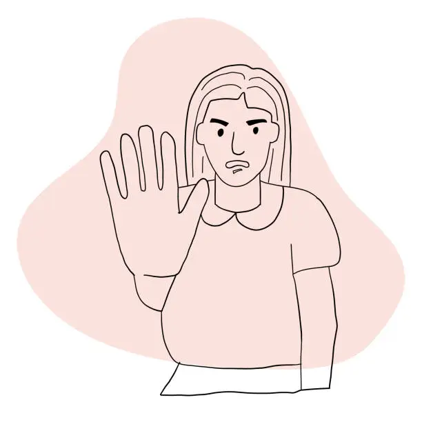 Vector illustration of A frightened woman puts her hand forward. A gesture of stopping. Human emotion. line art vector