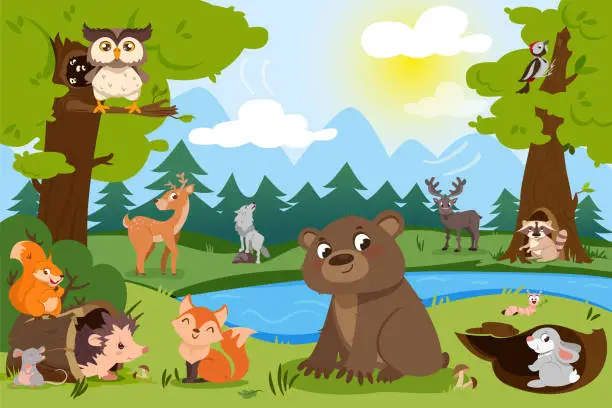 Vector illustration of Cartoon forest animals in wild nature