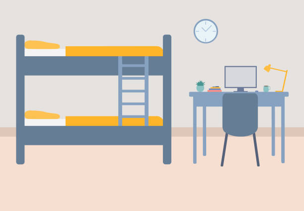 ilustrações de stock, clip art, desenhos animados e ícones de dorm room interior with bunk bed, study desk and chair - book sheet education student