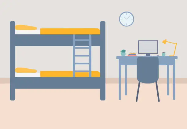 Vector illustration of Dorm Room Interior With Bunk Bed, Study Desk And Chair