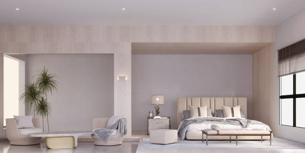 istock 3d rendering,3d illustration, Interior Scene and  Mockup,bed room and armchair area interior render. 1414961181