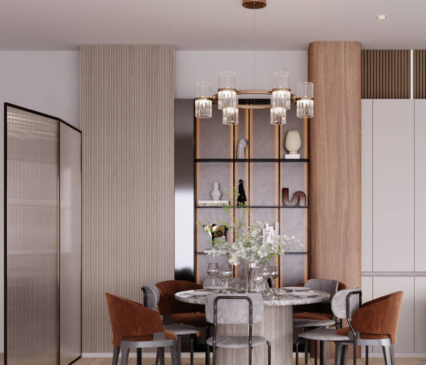 istock 3d rendering,3d illustration, Interior Scene and  Mockup,living room and dining room interior render,modern style wood and aluminum material. 1414961185