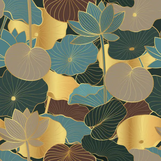 Vector illustration of Seamless vector pattern with golden lotus leaves and flowers. Line art style.