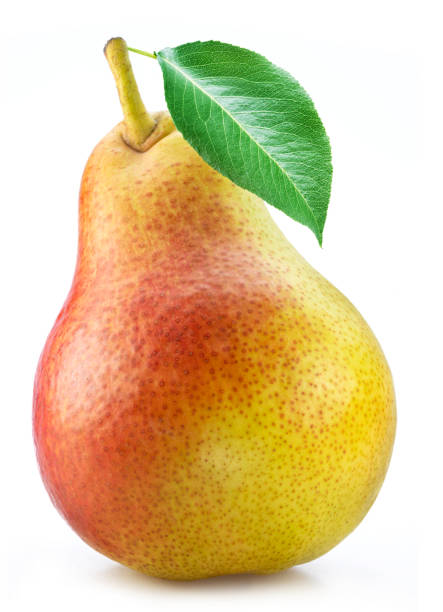 istock Ripe pear with green leaf isolated on white background. 1414962556