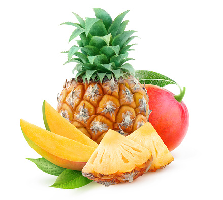 Isolated tropical fruits. Red mango and pineapple, whole and slices isolated on white background